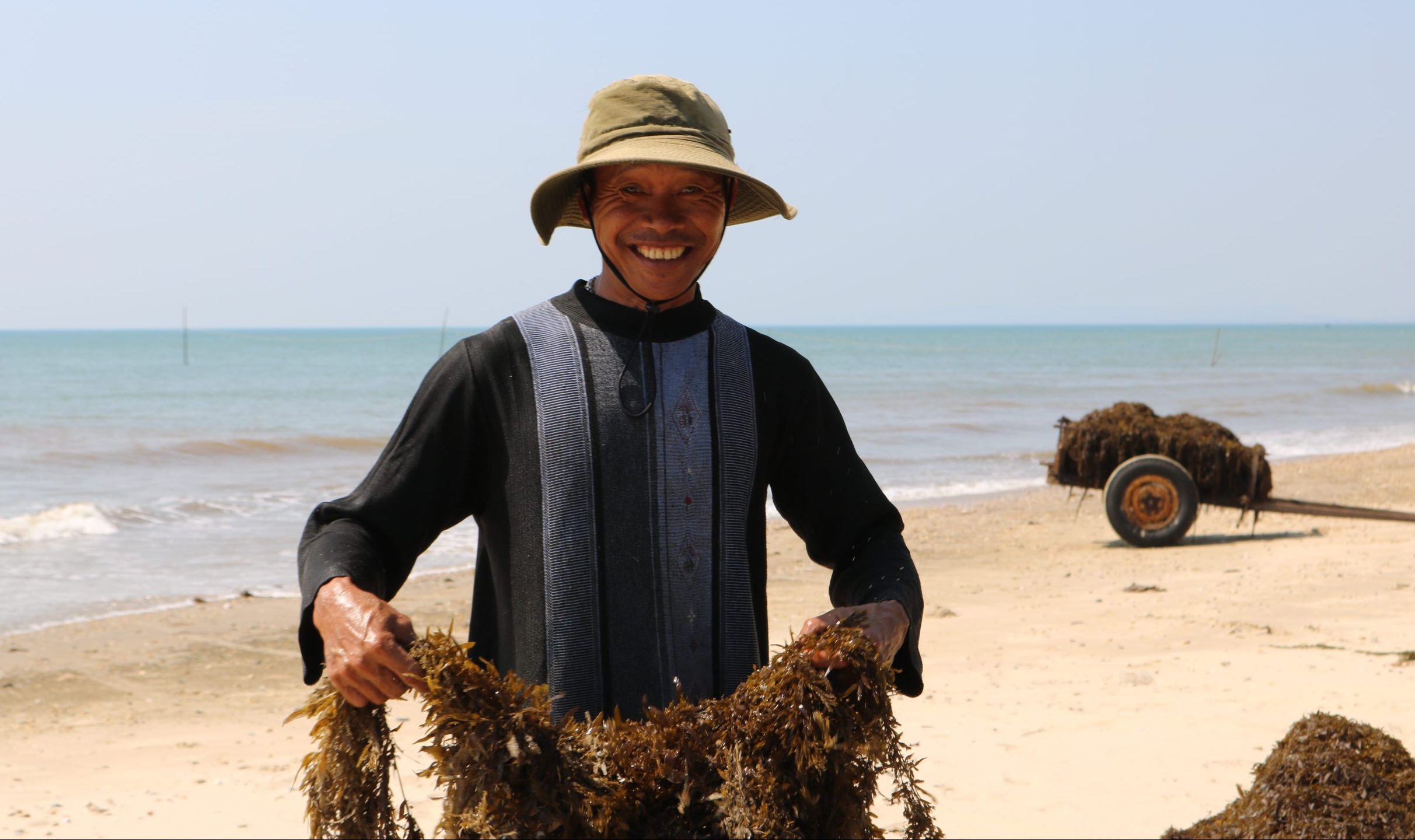 Ngư dân Nguyễn Ngọc Vinh phấn khởi khi thu hoạch được nhiều rong mơ.